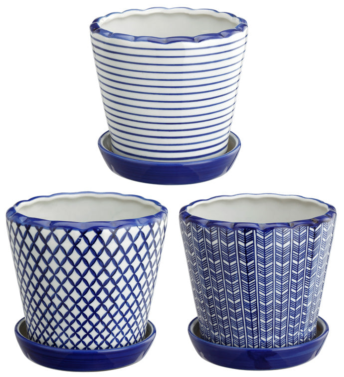 Large Blue & White Planter with Saucer