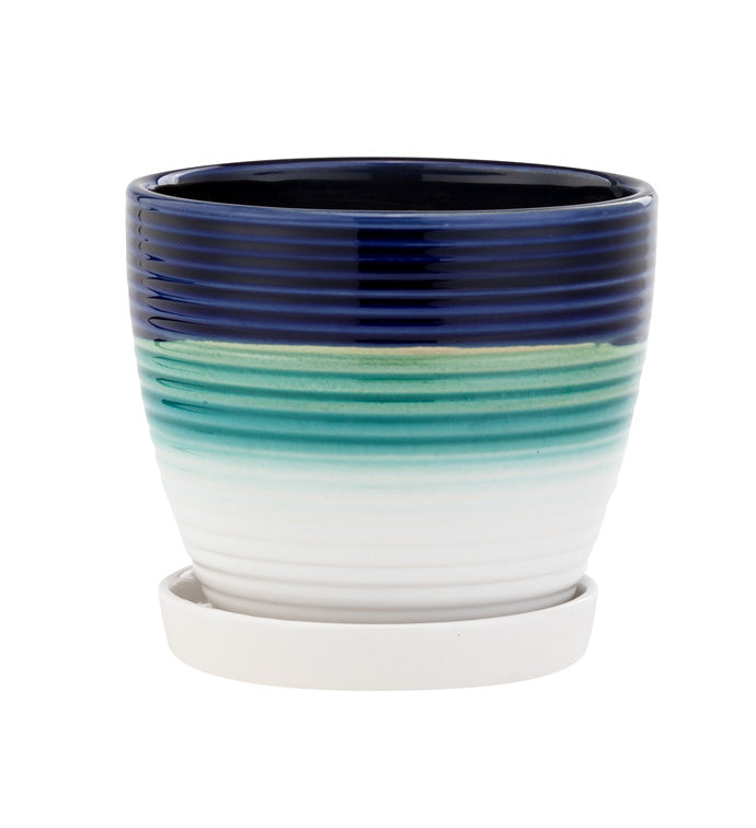 Tri Color Blues Ribbed Pot w/Saucer