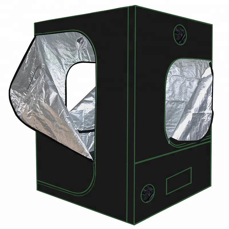 Black grow tent with silver interior on a white background