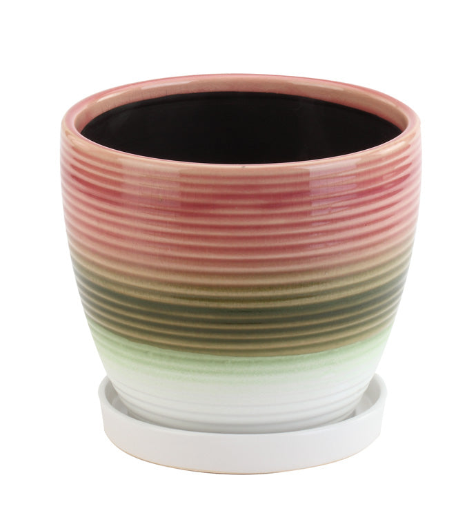 Tri Color Coral Ribbed Pot w/Saucer