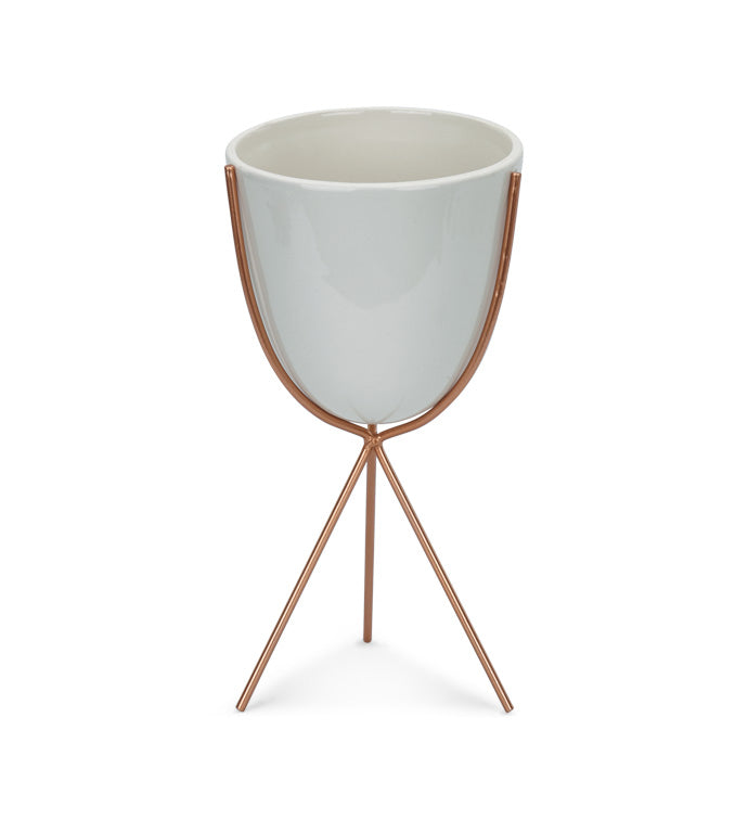 White Cache Pot in Metal Stand
