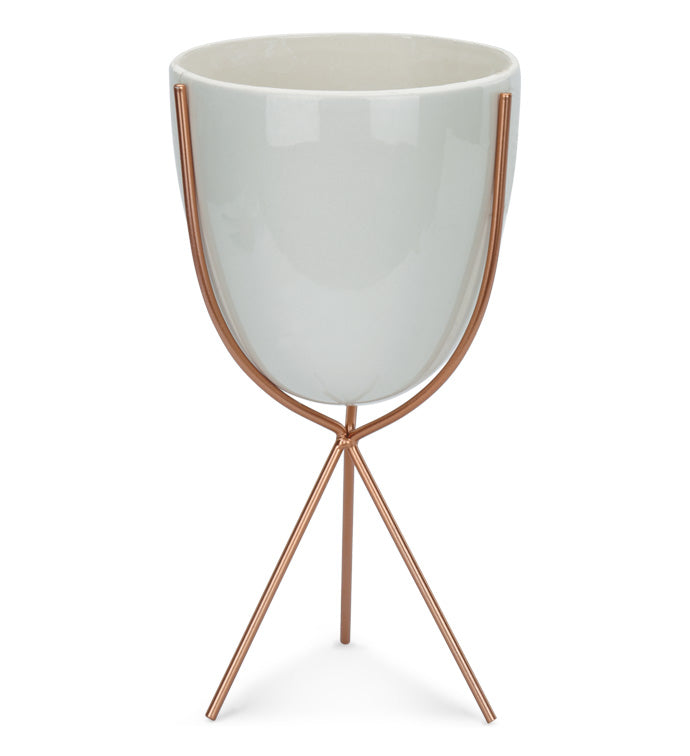 White Cache Pot in Metal Stand