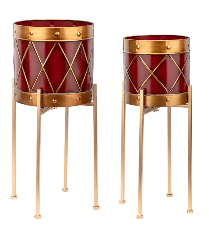 Red &amp; Gold Drum Metal Plant Stand