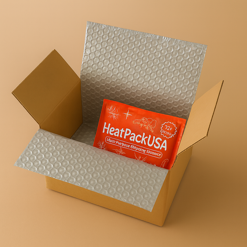 Open cardboard box with bubble wrap lining and HeatPackUSA packaging inside on a beige background