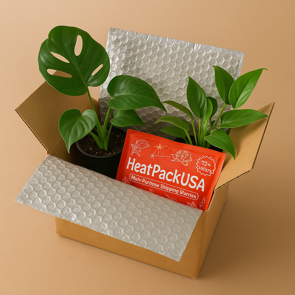 Open cardboard box with bubble wrap and potted plants, featuring HeatPackUSA packaging.